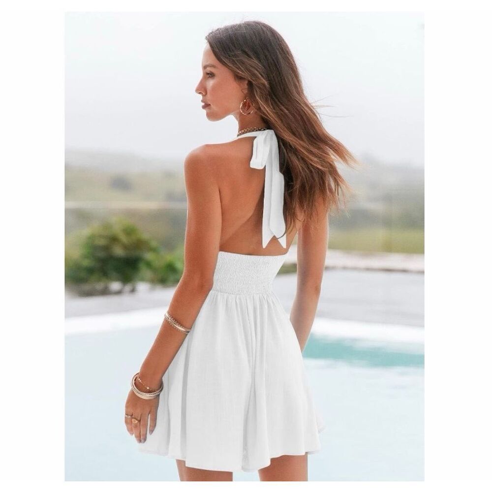 White Summer Sleeveless Halter Backless Flared Mini Dress - Never Worn - Picture 4 of 4